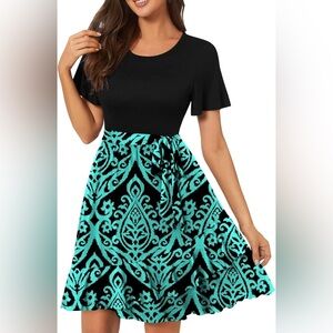 NWOT Db Moon Plus Size XXL scoop neck Teal & Navy Dress w Pocket TShirt Bodice